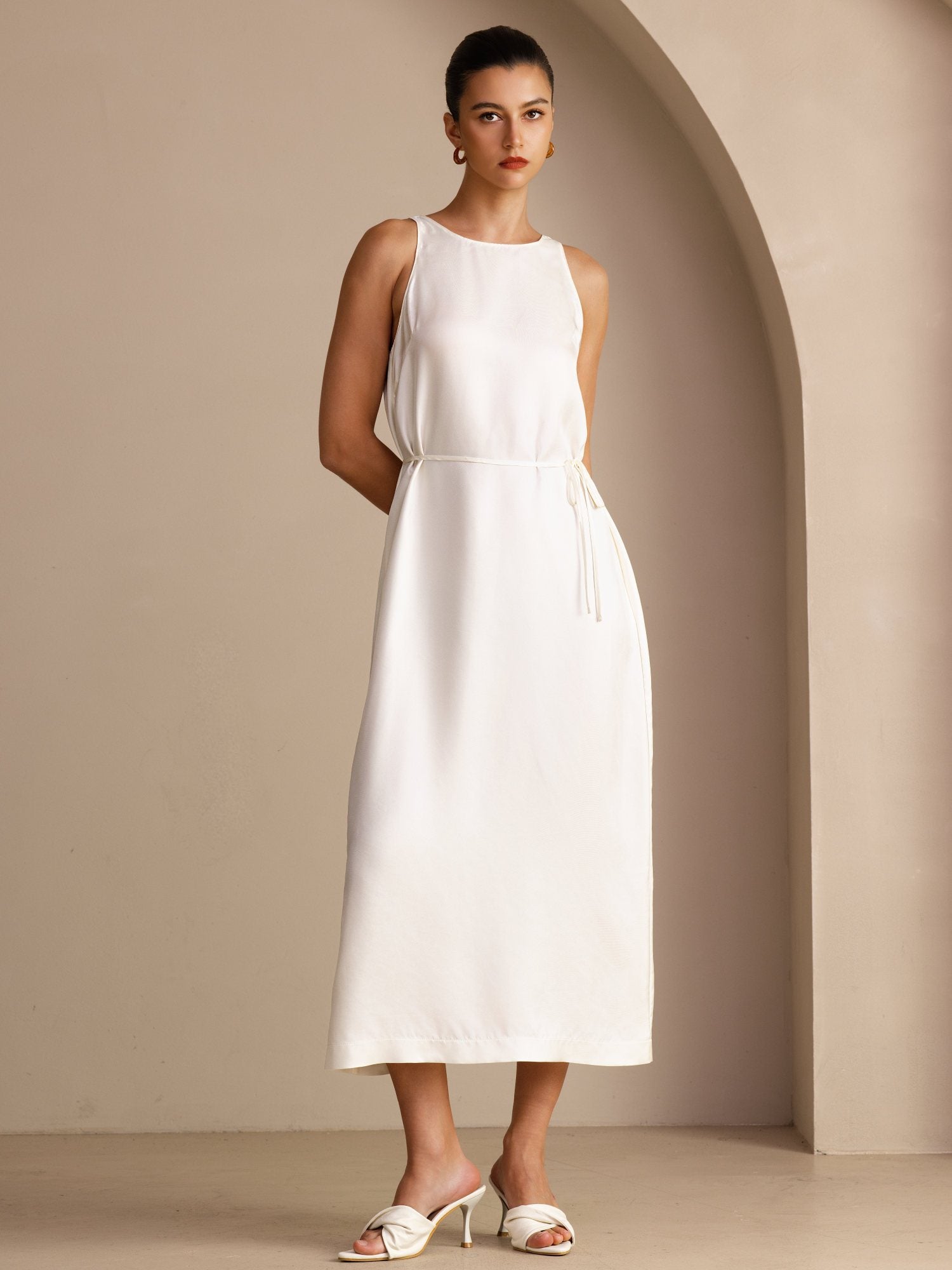 SilkSilky 100% Mulberry Silk Crew Neck Sleeveless Self-Tie Midi Dress, White / L(12)
