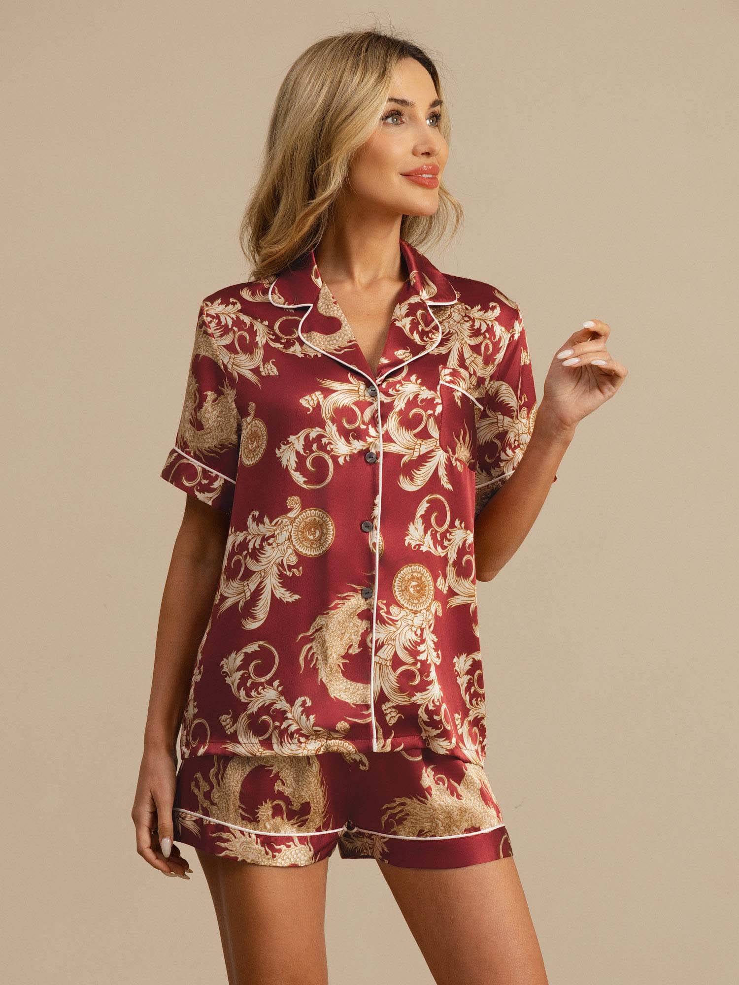 [Wine Dragon] SilkSilky  Short Sleeve Notch Collar Women's Pajamas 001