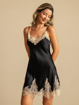 [Black+Beige] SilkSilky  Spaghetti Strap V Neck Nightgown 007