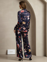 [Navy Floral] SilkSilky  19Momme Silk Lapel Collar Women''s Outfit Sets 002