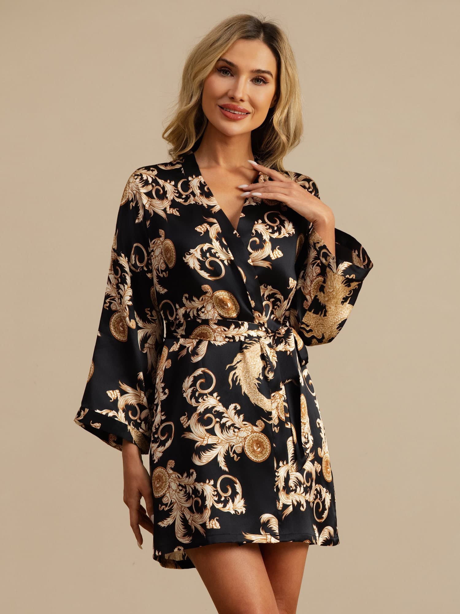 [Black Dragon] SilkSilky  3/4 Sleeve V Neck Women's Robe 004