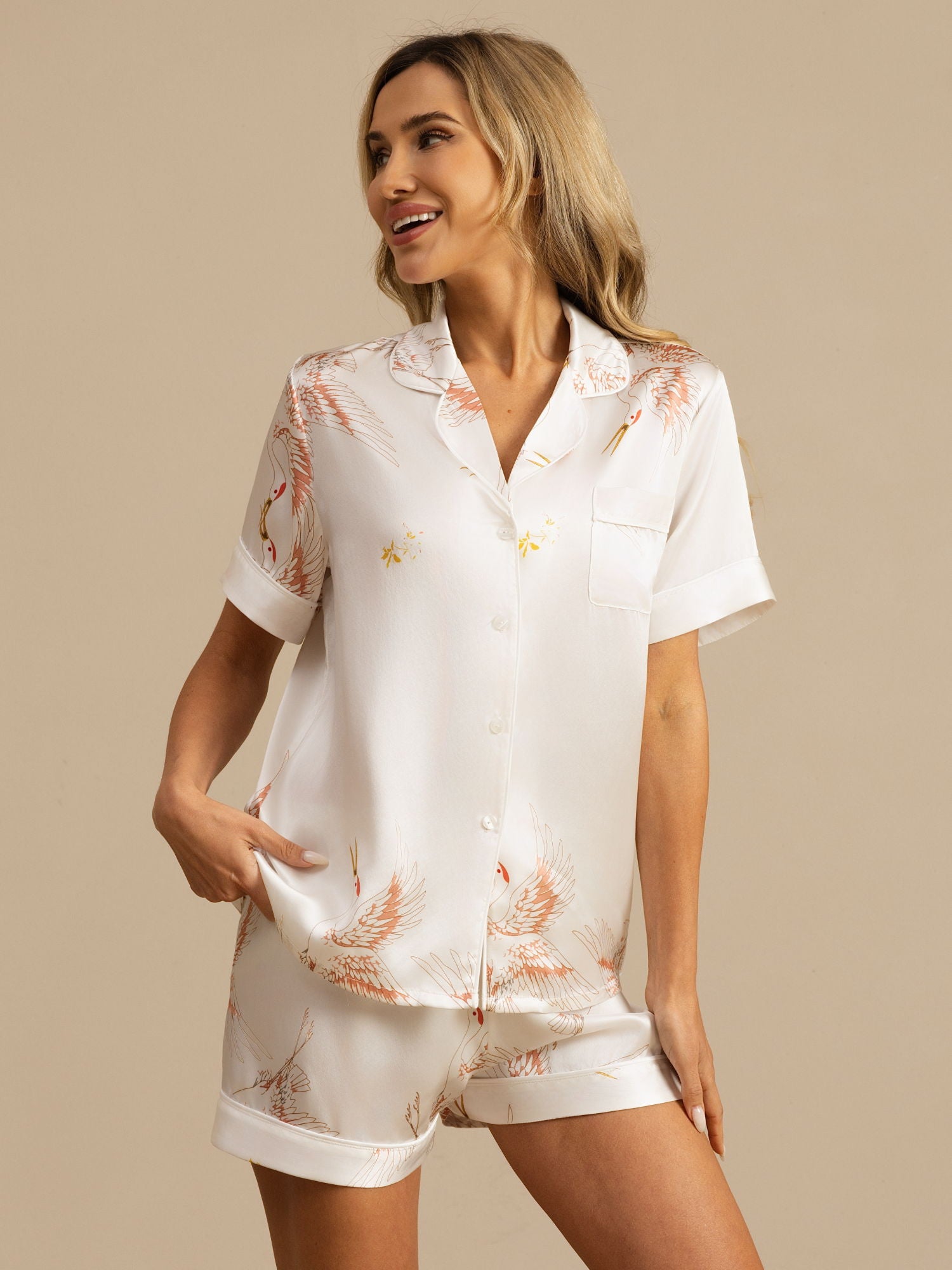 [White] SilkSilky  19Momme Short Sleeve Notch Collar Women's Pajamas 004