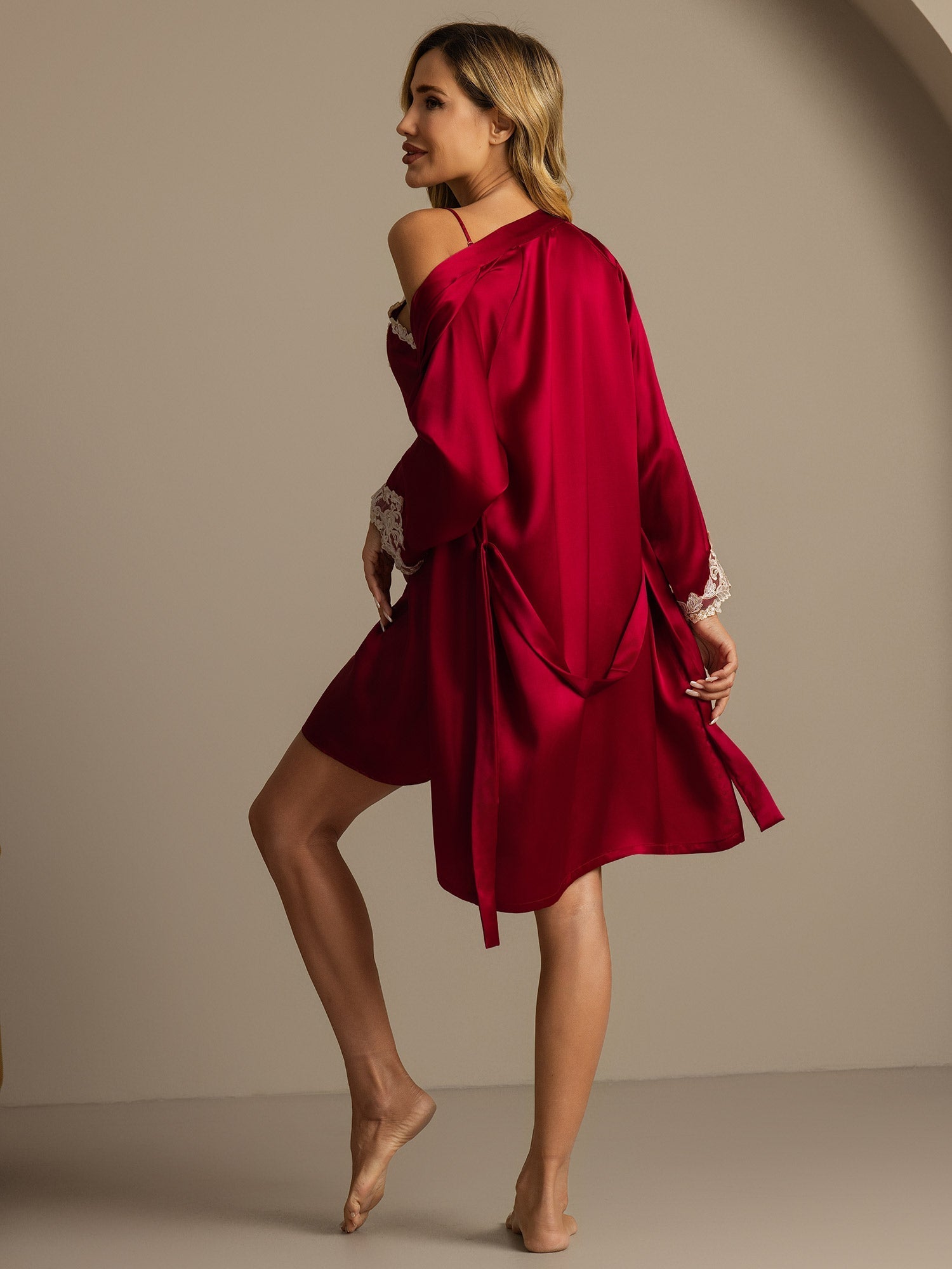 [Wine] SilkSilky  Pure Silk V Neck Nightgown&Robe Set 002,