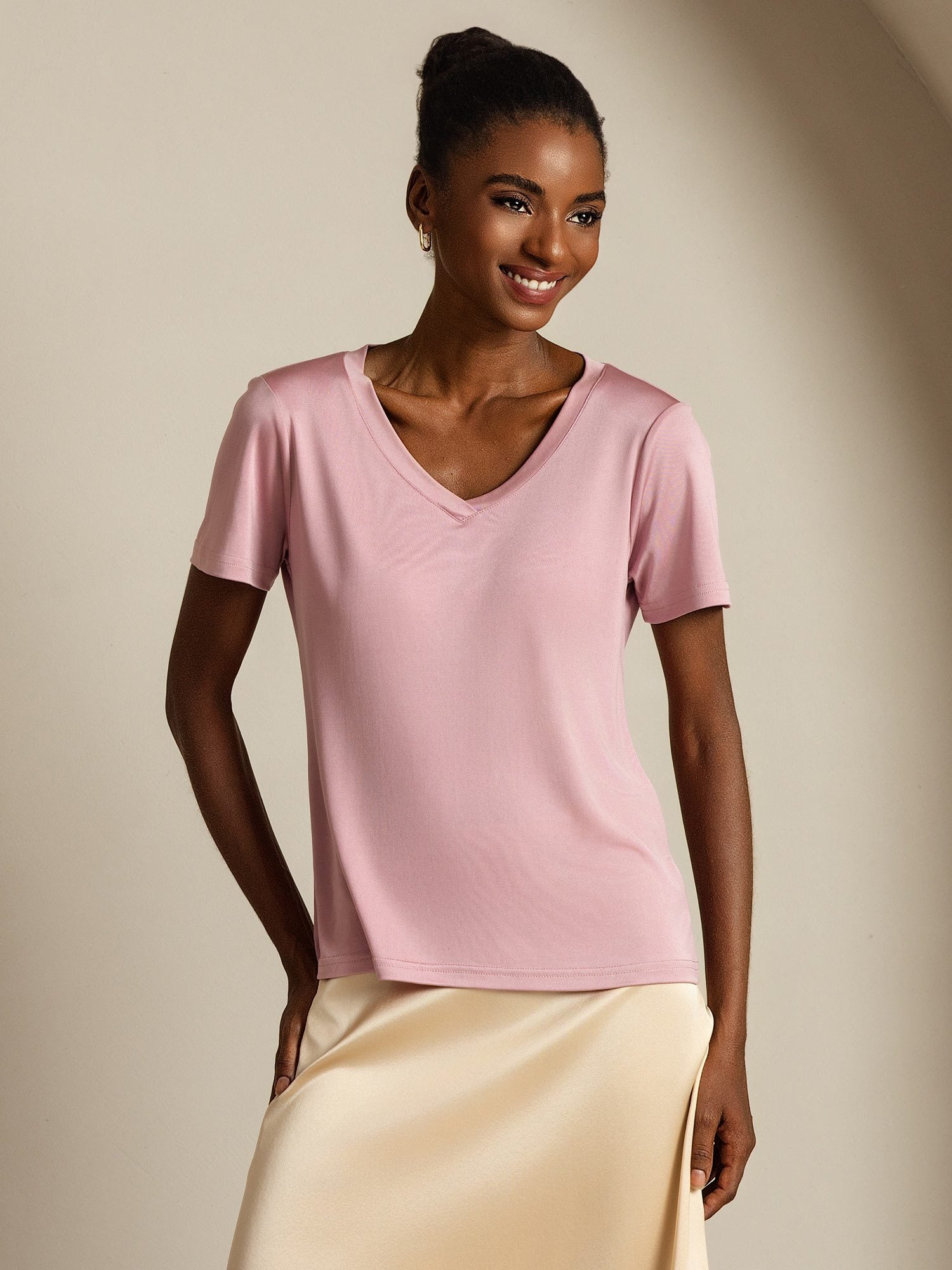 [PaleMauve] SilkSilky Pure Silk V Neck Women's T-Shirt 001