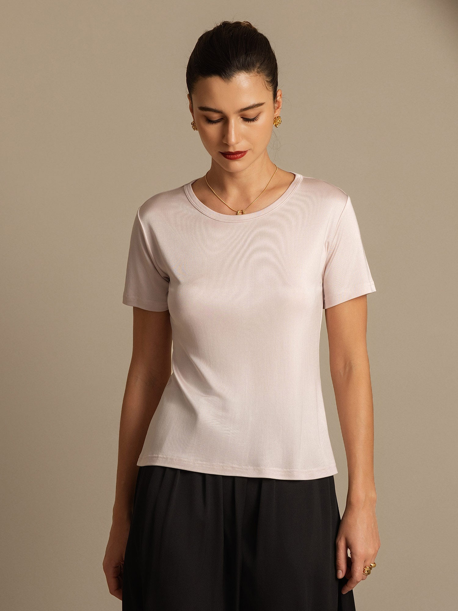 [Light Pink] SilkSilky  Silk Knitted Round Neck Women's T-Shirt 006,