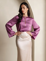 [Deep Purple] SilkSilky  19Momme Stretch Silk Charmeuse Long Sleeve Boat Neck Blouse 004