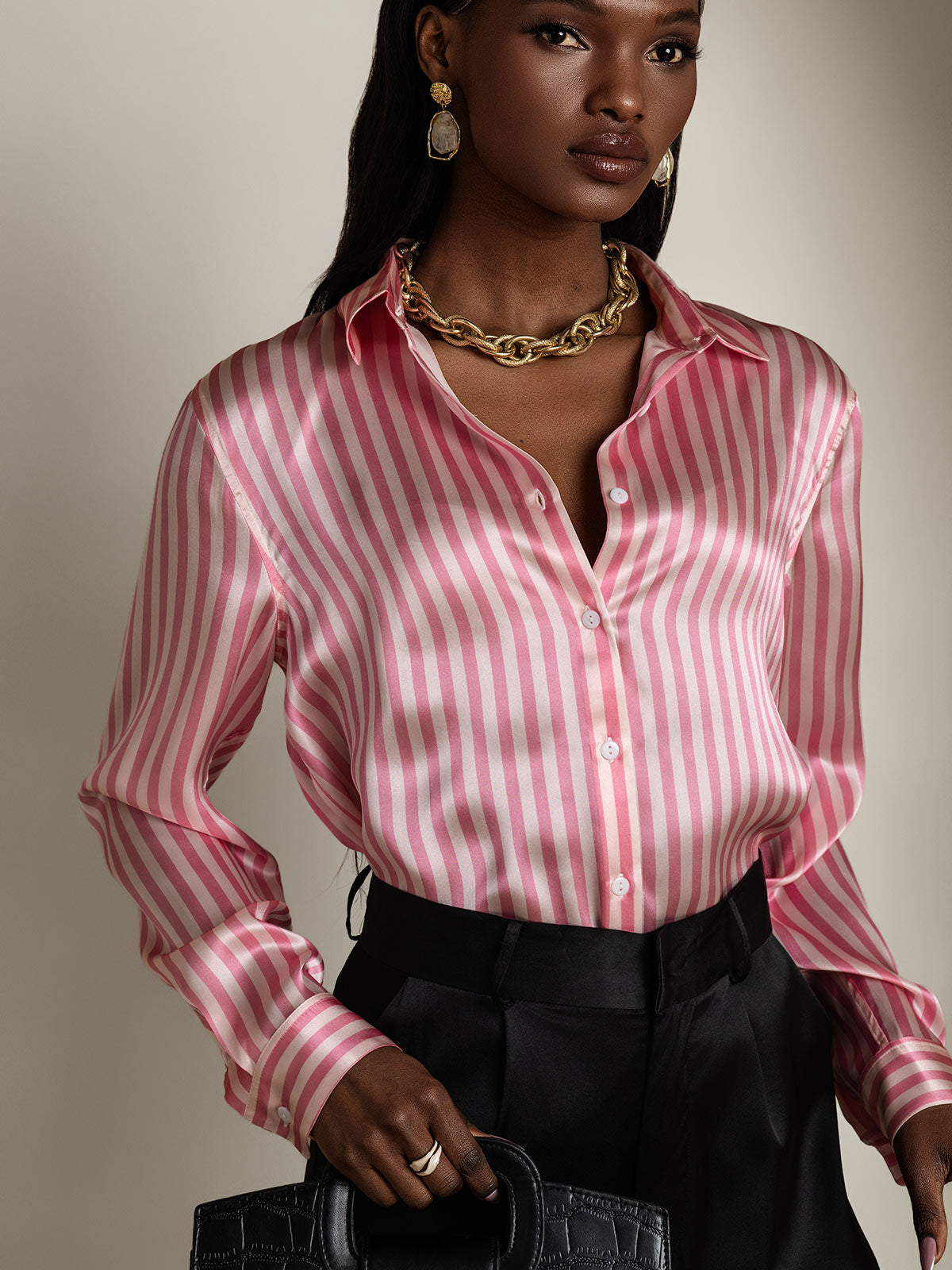 [Pink Stripe] SilkSilky  Long Sleeve Lapel Collar Women's Shirt 001