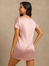 [Peach Skin] SilkSilky  19Momme Machine-Washable Silk Short Sleeve Round Neck Nightgown 002