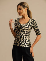 [Leopard] SilkSilky 100% Silk Jersey Half Sleeve Scoop Neck Women's T-Shirt 003