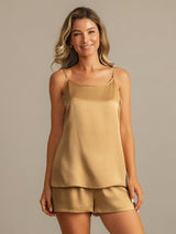 [Tan] SilkSilky  Spaghetti Strap Scoop Neck Camisole Set 003