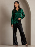 SilkSilky US Silk Blend Long Sleeve Collar Women's Shirt DarkGreen 006