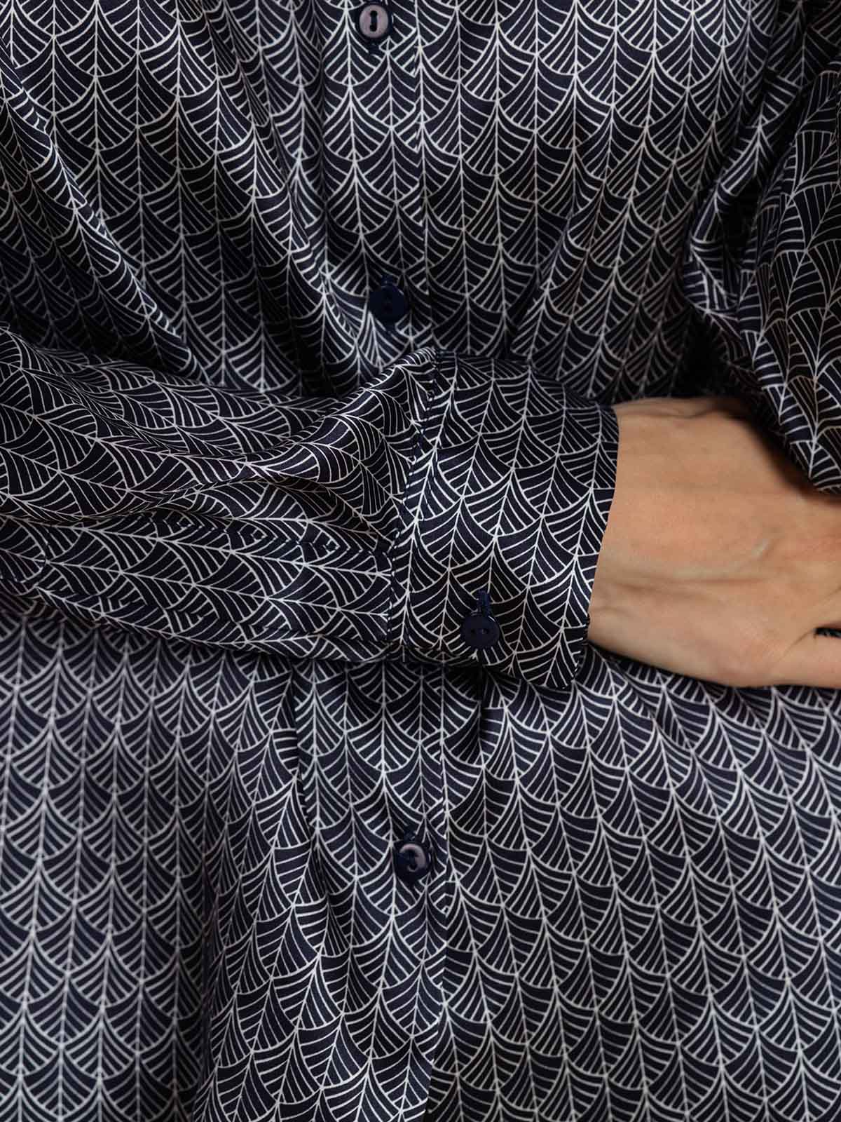 [Navy Ginkgo] SilkSilky  Long Sleeve Lapel Collar Women's Shirt 004