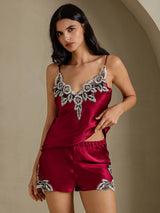 [Wine] SilkSilky  Spaghetti Strap V Neck Camisole Set 001