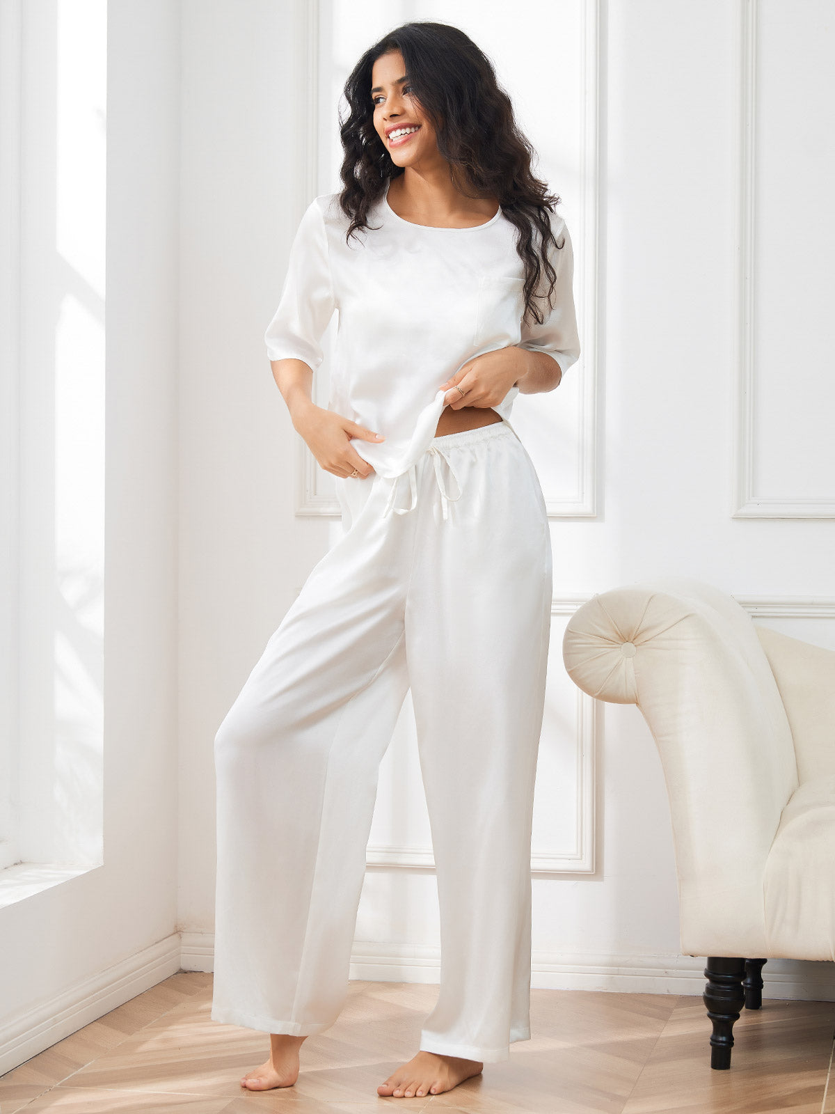 [White] SilkSilky  Half Sleeve Round Neck Women's Pajamas 006