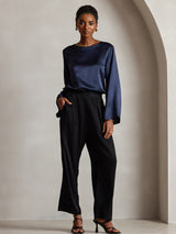 [Dark Blue] SilkSilky  19Momme Stretch Silk Charmeuse Long Sleeve Boat Neck Blouse 007