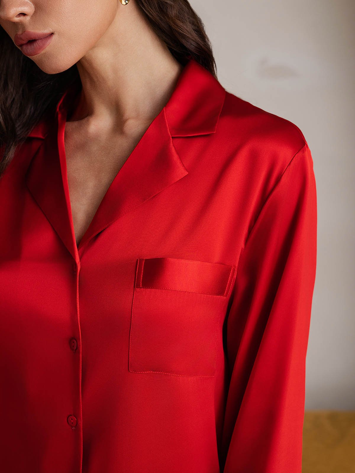 [Red] SilkSilky Pure Silk Lapel Collar Nightgown 004