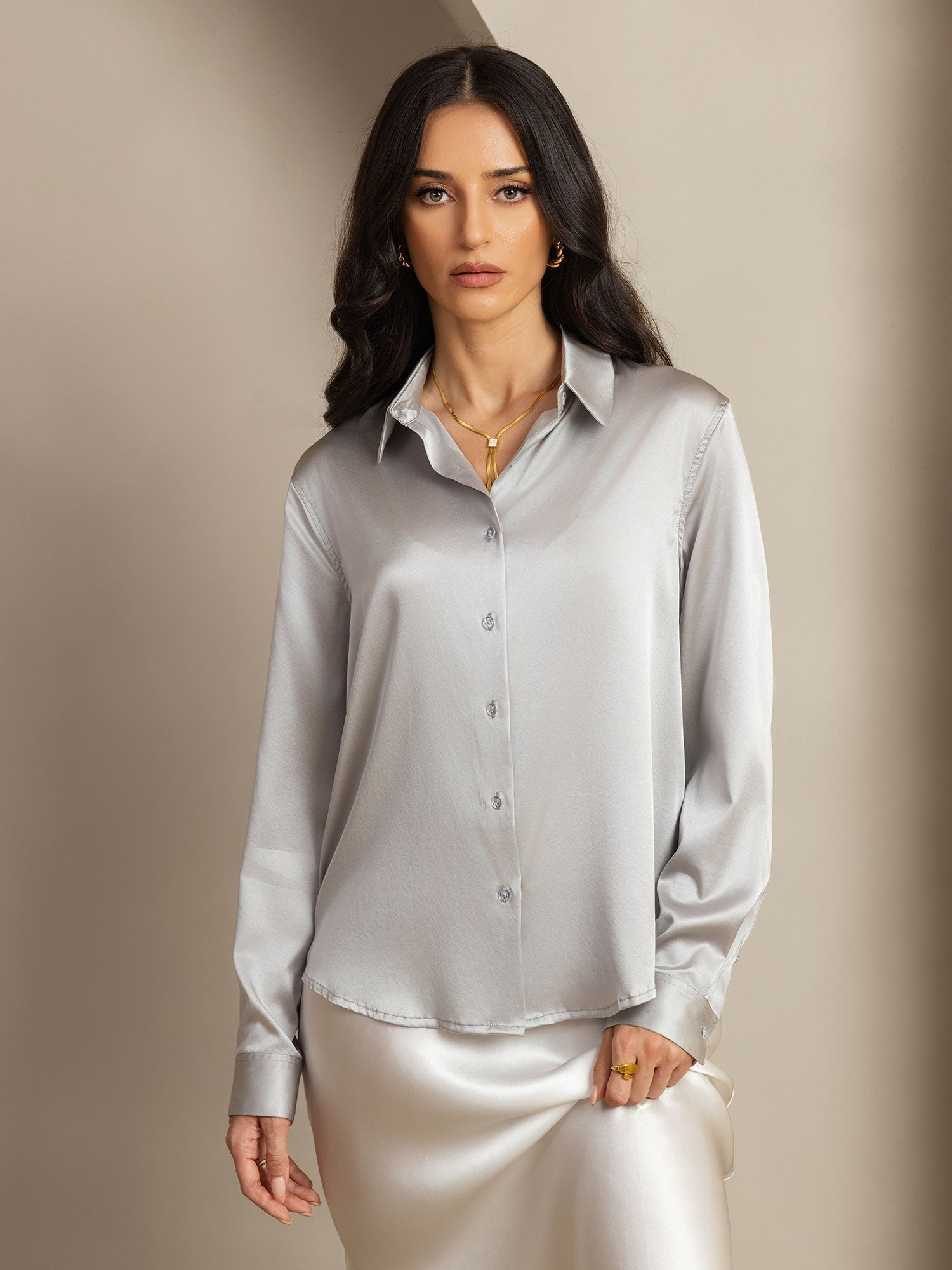 [Light Gray] SilkSilky  Silk Long Sleeve Lapel Collar Women's Shirt 001