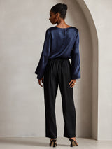 [Dark Blue] SilkSilky  19Momme Stretch Silk Charmeuse Long Sleeve Boat Neck Blouse 002