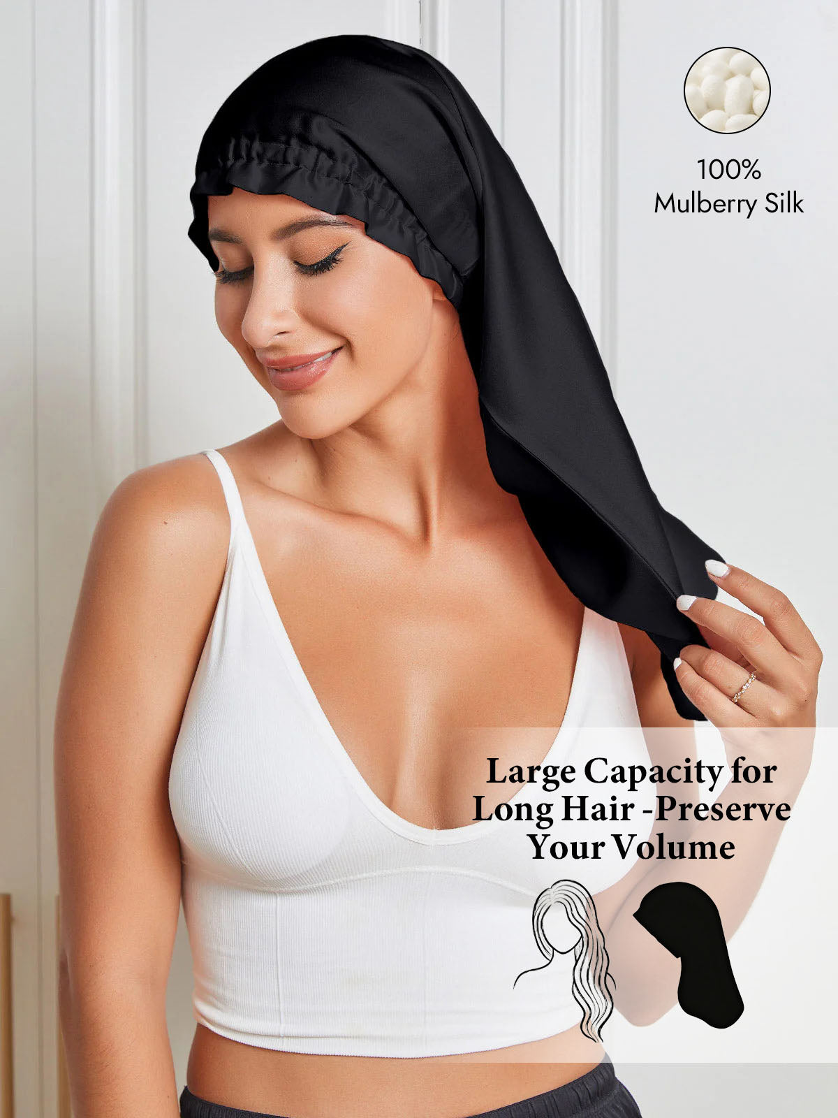 [Black] SilkSilky  Pure Silk Sleep Cap 001