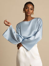 [Grayish Blue] SilkSilky  19Momme Stretch Silk Charmeuse Long Sleeve Boat Neck Blouse 004