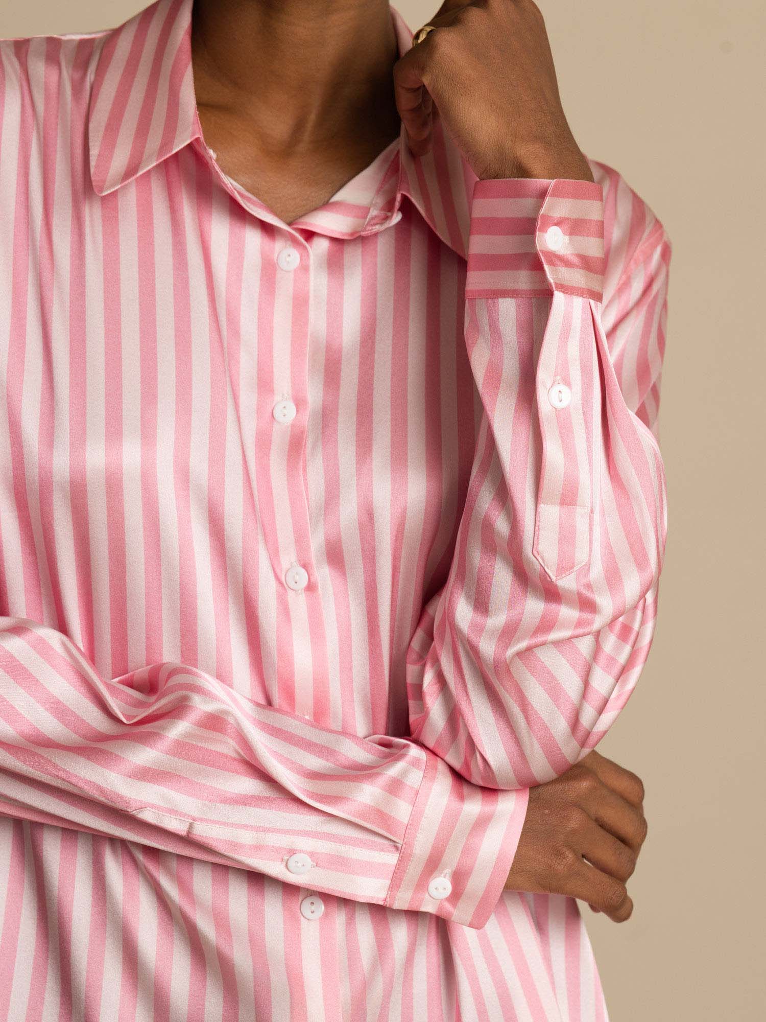 [Pink Stripe] SilkSilky  Silk Long Sleeve Lapel Collar Women's Shirt 004