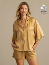 [Tan] SilkSilky  19Momme Machine-Washable Silk Half Sleeve Notch Collar Women's Pajamas 001