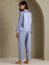 [Steel Blue] SilkSilky  Long Sleeve Lapel Collar Women's Pajamas 002