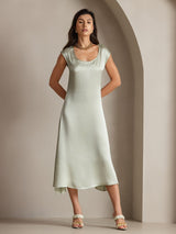 [Light Green] SilkSilky  19Momme Stretch Silk Charmeuse Cap Sleeve Scoop Neck Dress 001