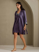 [Purple Gray] SilkSilky  3/4 Sleeve V Neck Nightgown&Robe Set 003
