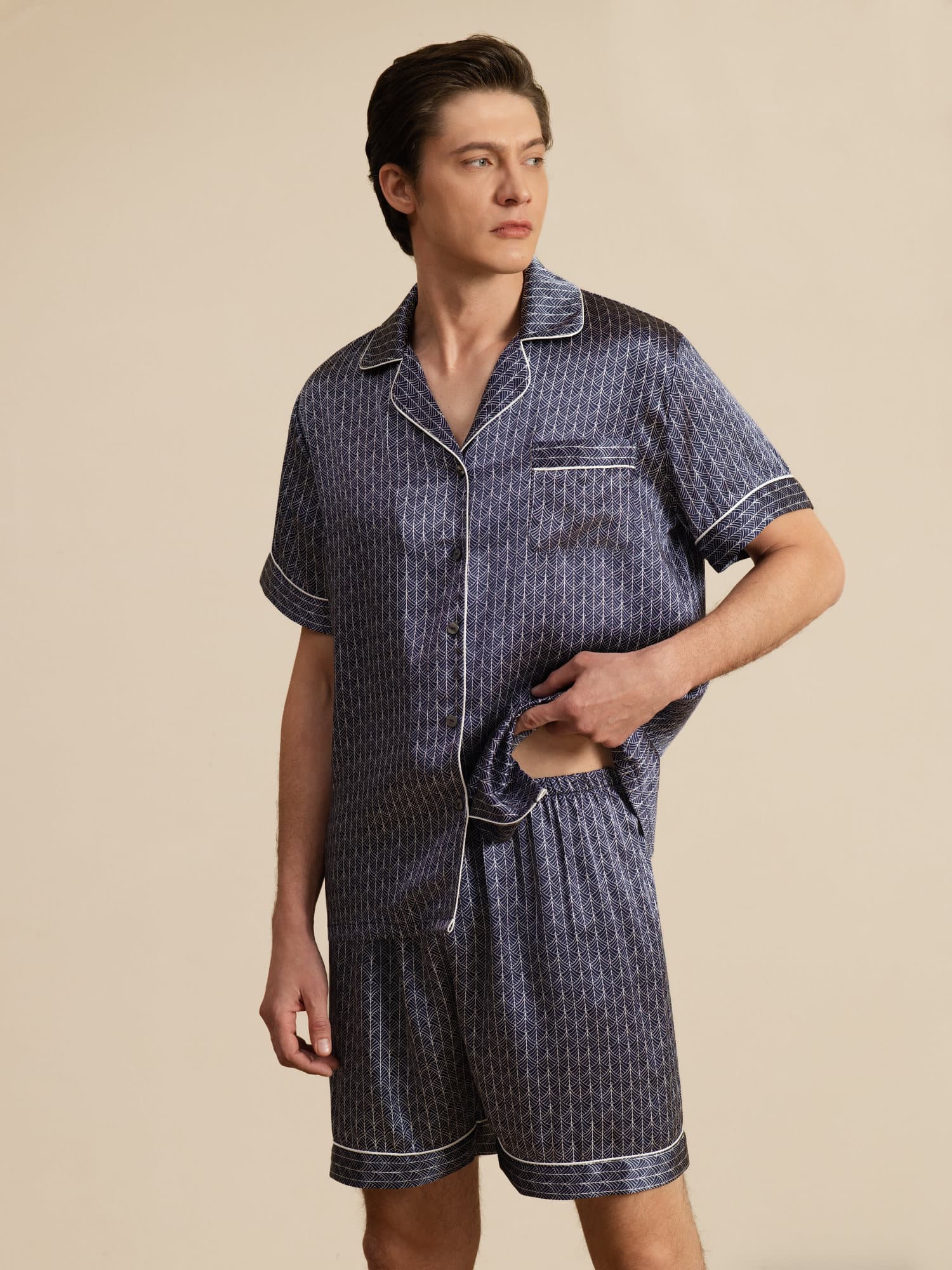 [Navy Ginkgo] SilkSilky  Short Sleeve Notch Collar Men's Pajamas 005