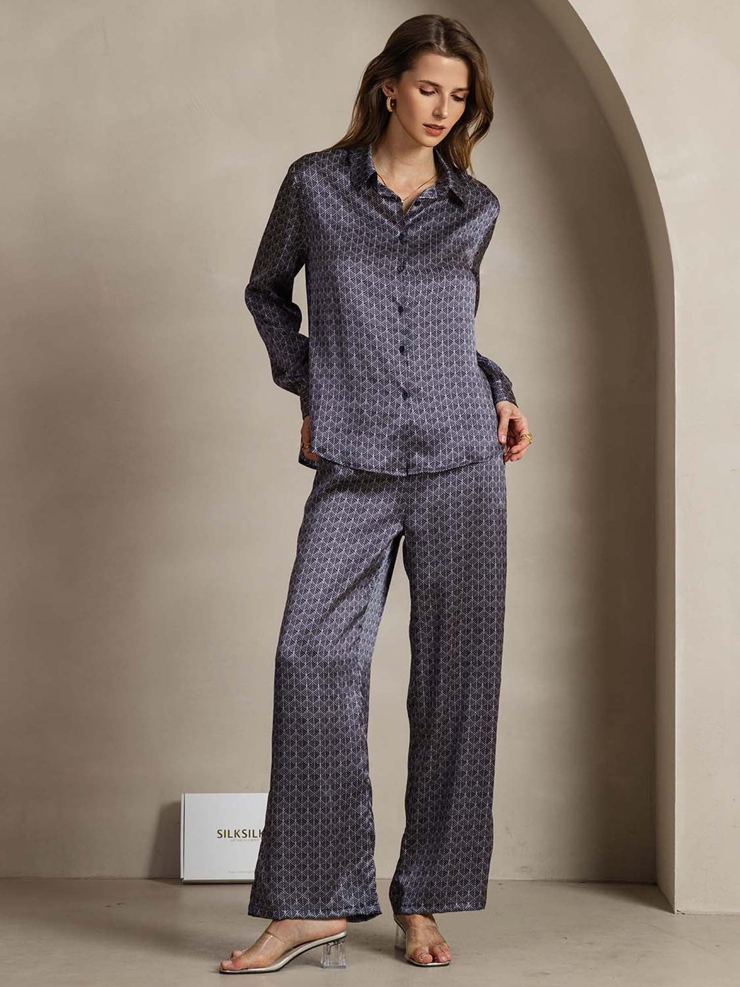 [NavyGinkgo] SilkSilky 19Momme Silk Lapel Collar Women''s Outfit Sets 003