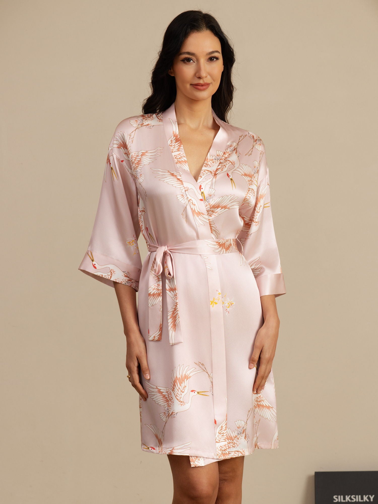 [Pink] SilkSilky  19Momme 3/4 Sleeve Women's Robe 005