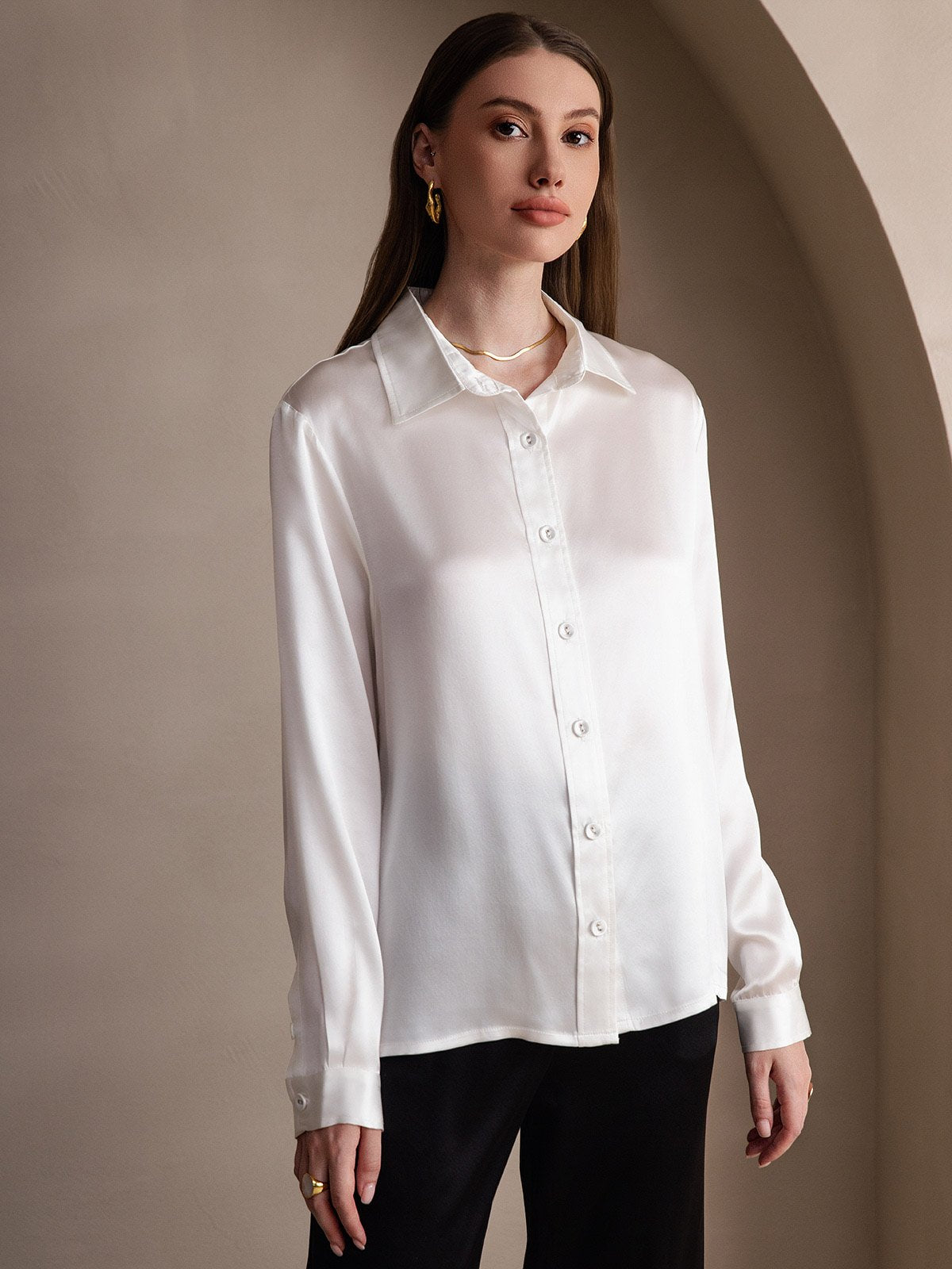 SilkSilky  19Momme Silk Long Sleeve Collar Women's Shirt White 003