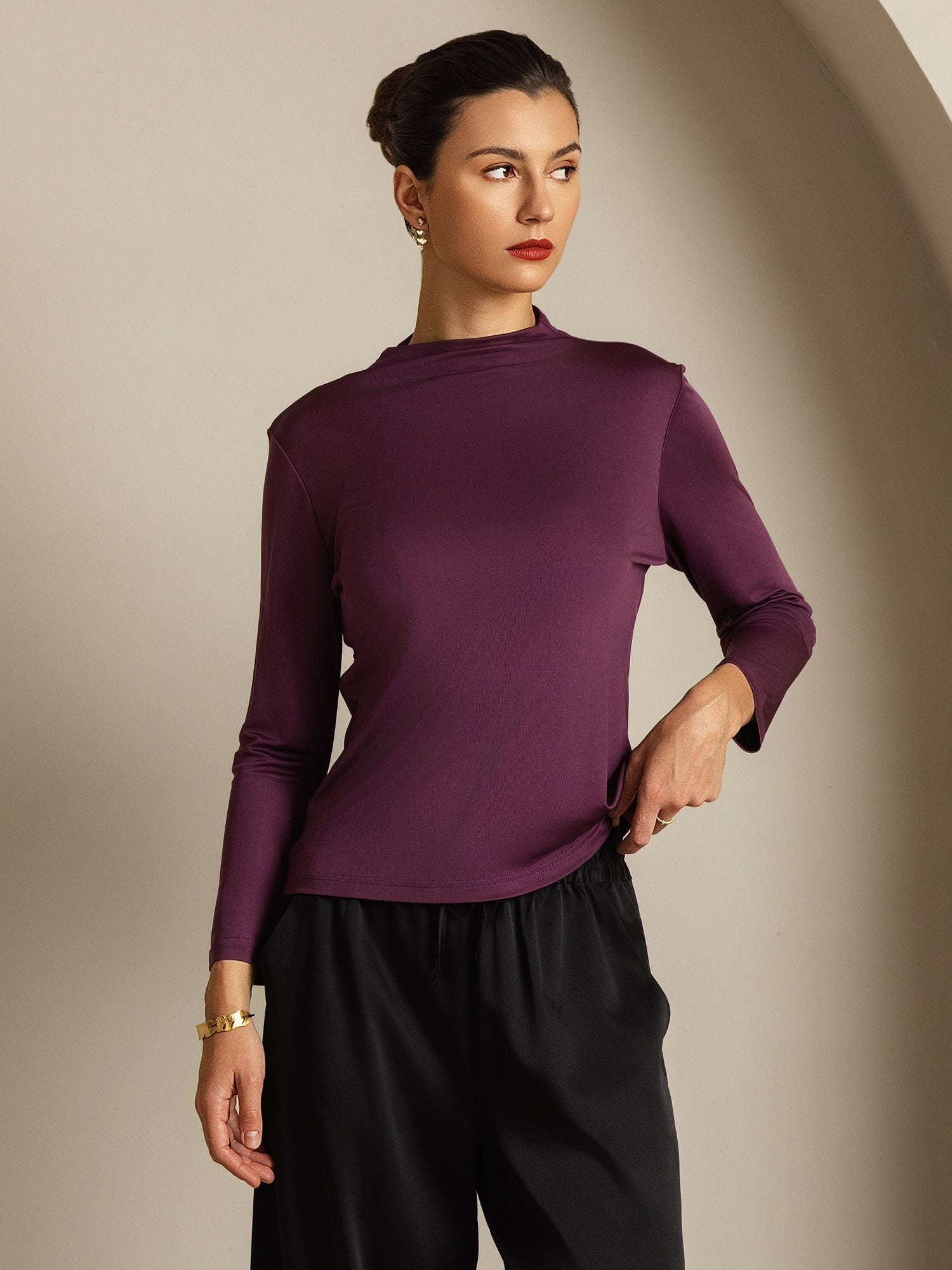 [Purple] SilkSilky  Pure Silk High Neck Women's T-Shirt 009