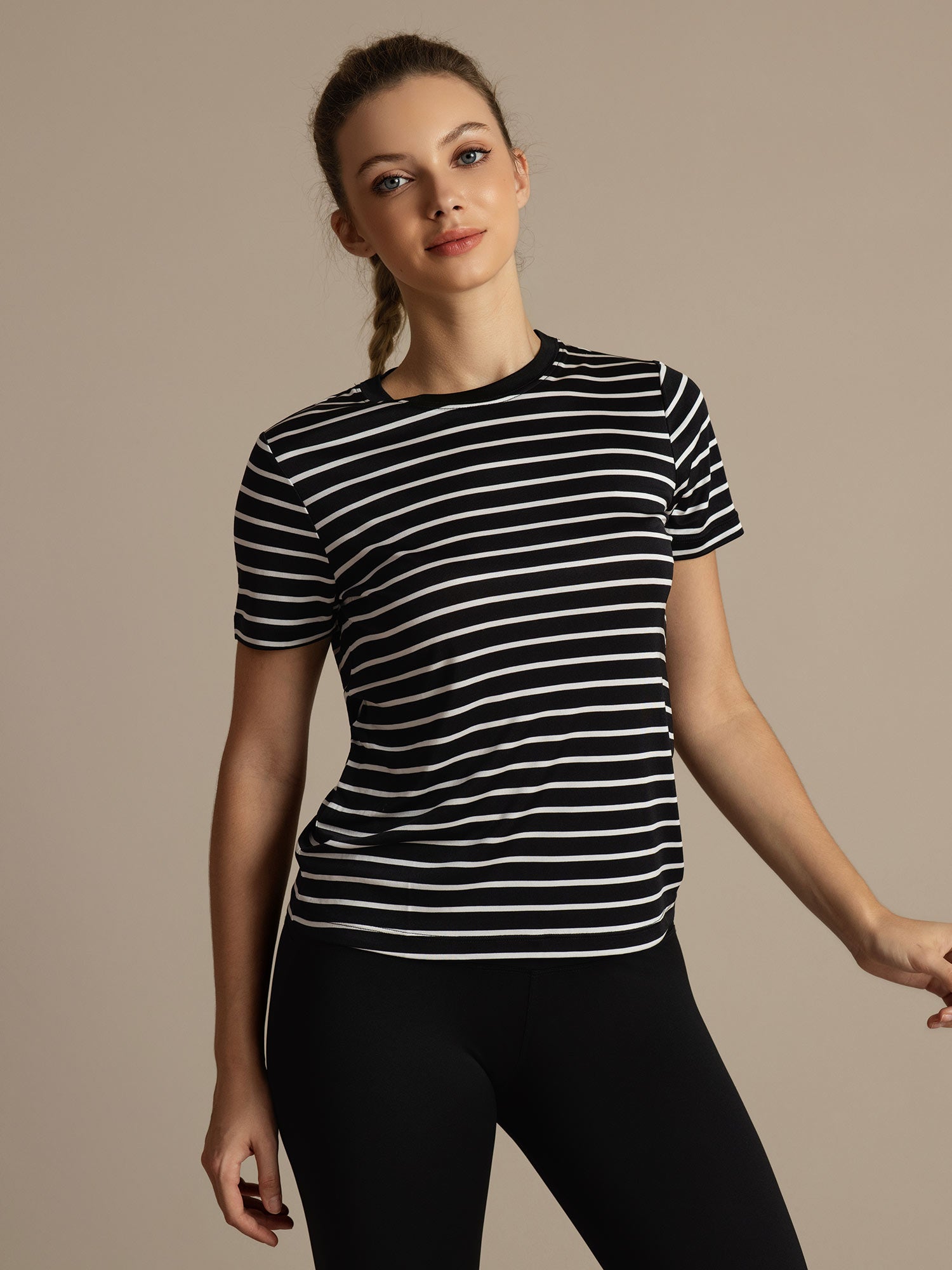 [Black Stripe] SilkSilky  100% Silk Jersey Short Sleeve Crew Neck Women's T-Shirt 002