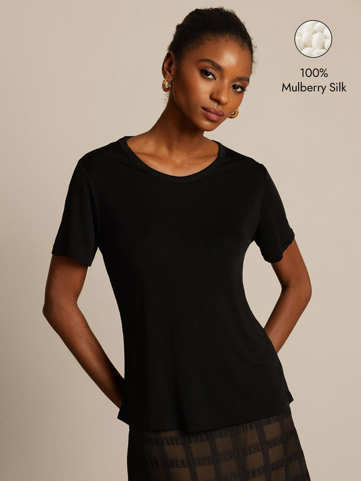 [Black] SilkSilky  Silk Knitted Short Sleeve Round Neck Women's T-Shirt 001
