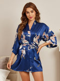 SilkSilky  19Momme Pure Silk 3/4 Sleeve Deep V Neck Women's Robe DarkBlue 003