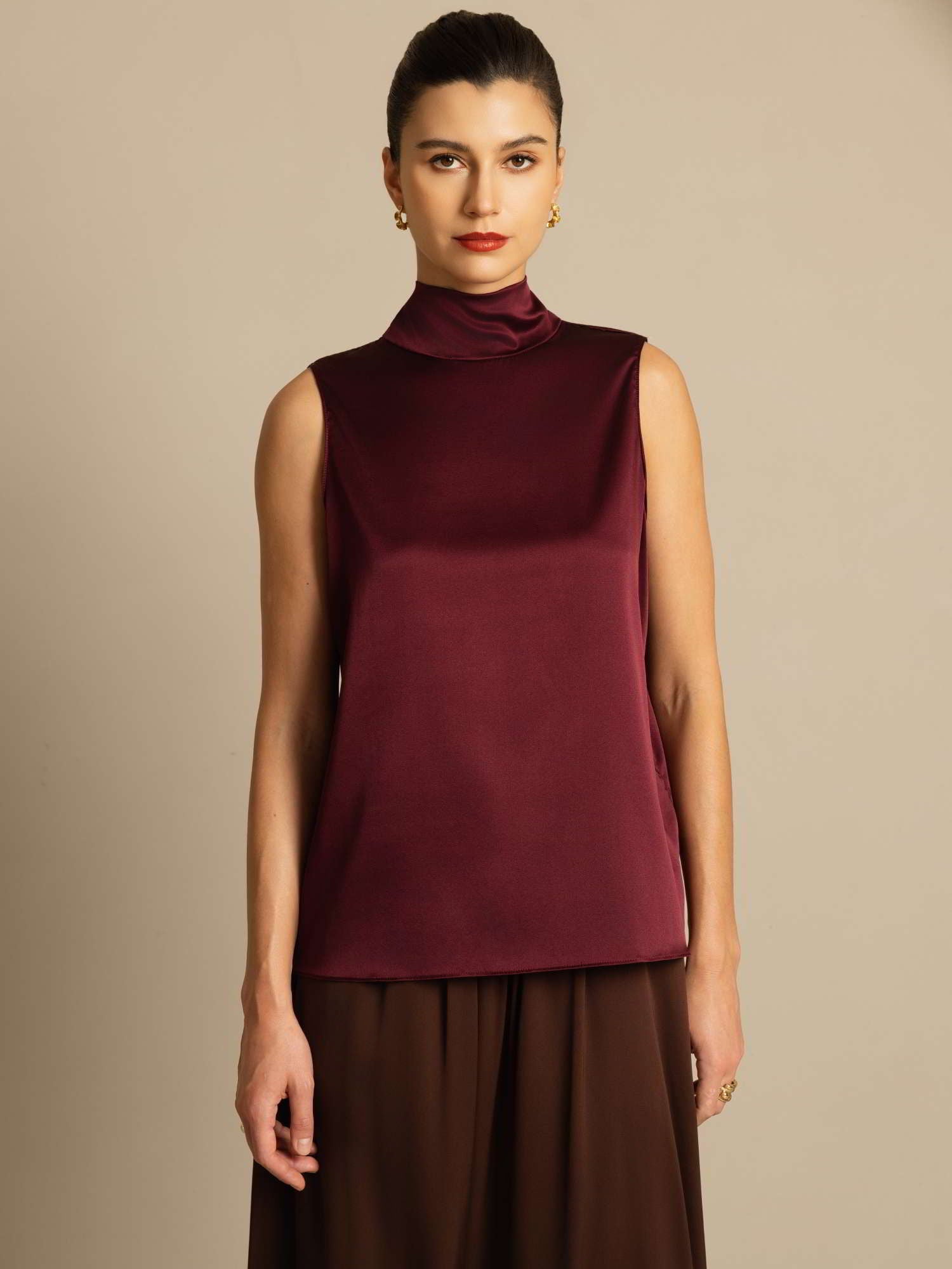 [Dark Red] SilkSilky  19Momme Silk Sleeveless Tie Neck Blouse 003