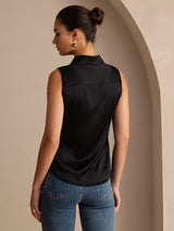 [Black] SilkSilky  Sleeveless Lapel Collar Women's Shirt 002