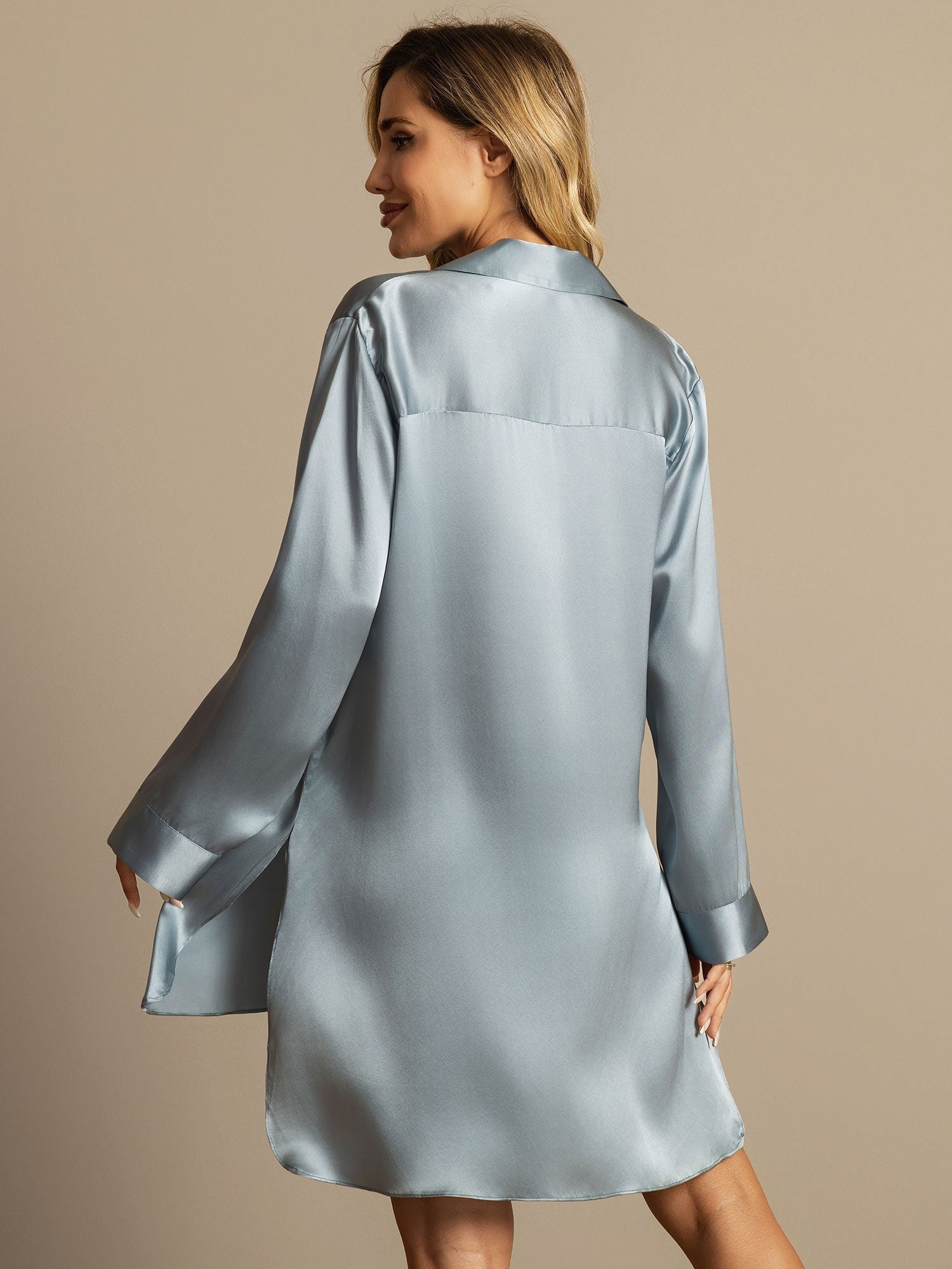 [Grayish Blue] SilkSilky  Pure Silk Lapel Collar Nightshirt 003,