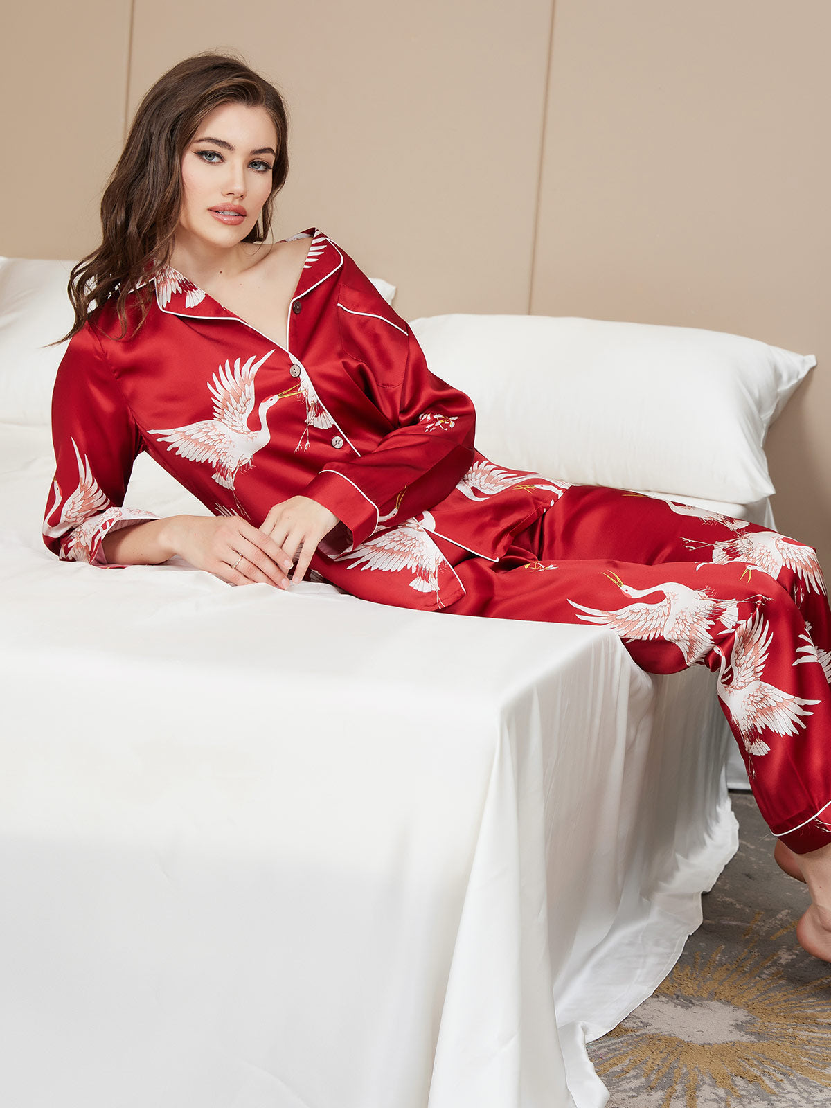 SilkSilky US 19Momme Pure Silk Long Sleeve Lapel Women's Pajamas DarkRed 008