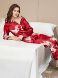 SilkSilky US 19Momme Pure Silk Long Sleeve Lapel Women's Pajamas DarkRed 008