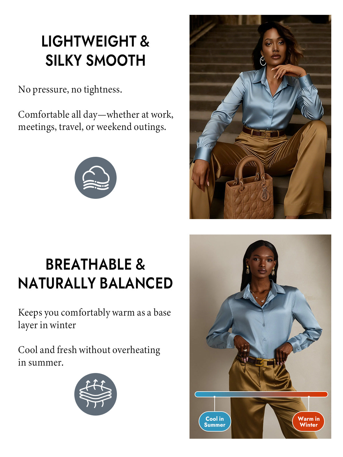 [Grayish Blue] SilkSilky  Silk Long Sleeve Lapel Collar Women's Shirt 004