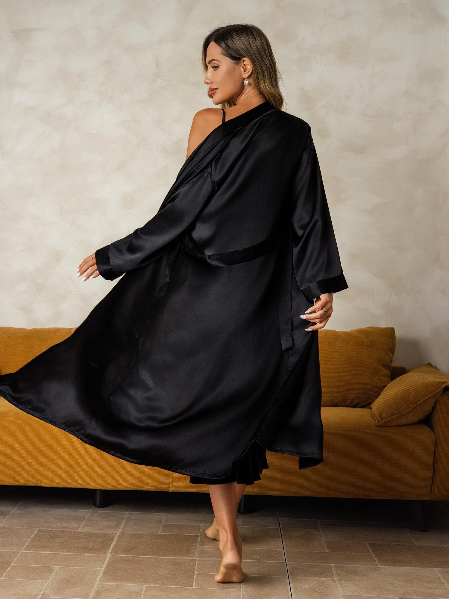 [Black] SilkSilky Pure Silk Wrap Nightgown&Robe Set 002
