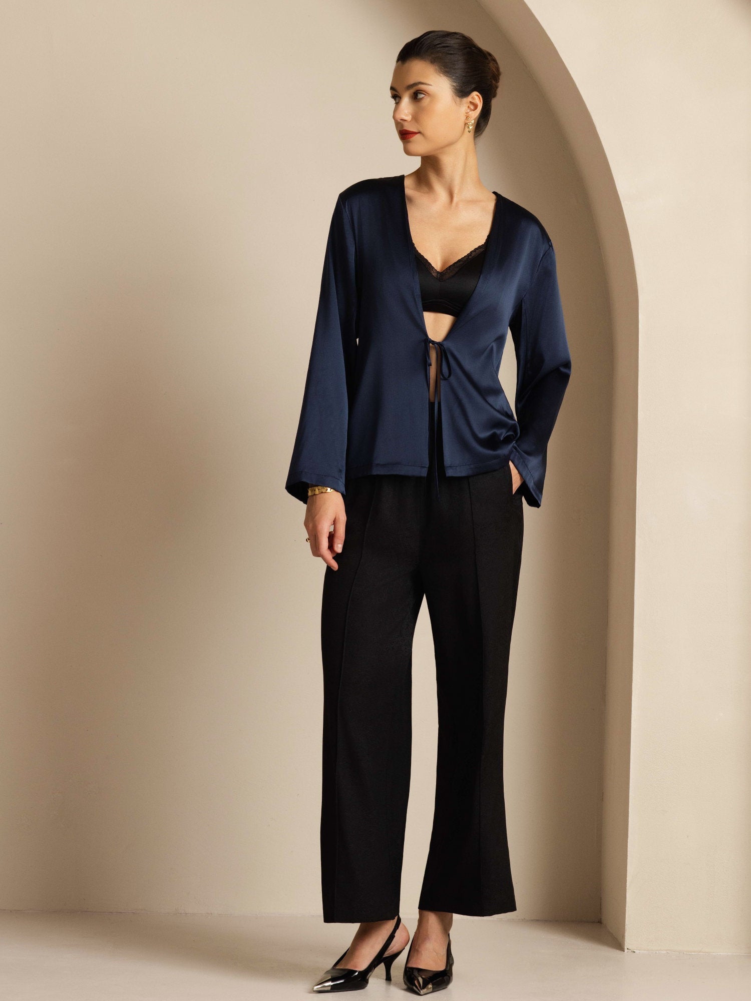[Dark Blue] SilkSilky  19Momme Stretch Silk Charmeuse Long Sleeve Women's Outerwear 004
