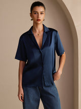 [Dark Blue] SilkSilky  Short Sleeve Notch Collar Women's Shirt 001