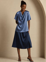 [Real Teal] SilkSilky  Short Sleeve Cowl Neck Women's Blouse 006