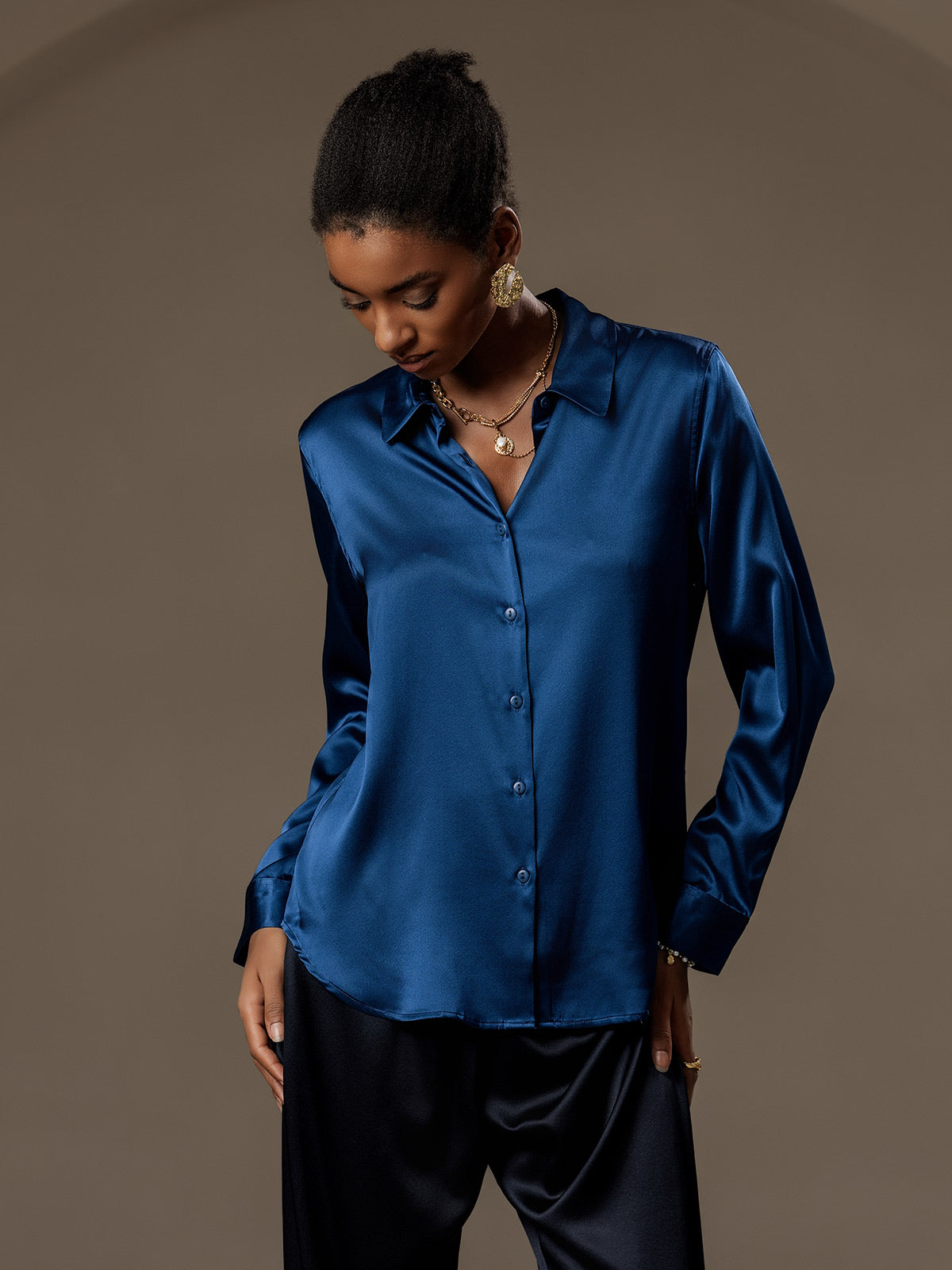[Teal] SilkSilky  Silk Long Sleeve Lapel Collar Women's Shirt 005