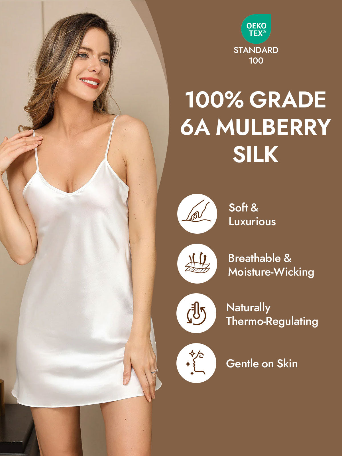 [White] SilkSilky  Pure Silk V Neck Nightgown 004