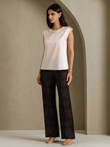 [Beige] SilkSilky  Cap Sleeve Round Neck Women's T-Shirt 007